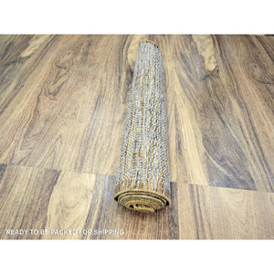 2'7"x8'2" Snow White With Golden Yellow, Hand Knotted, Oxidized And Distressed Grass Design With Exposed Warps, 100% Wool, Runner, Oriental Rug FWR457482