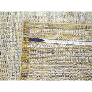 2'7"x8'2" Snow White With Golden Yellow, Hand Knotted, Oxidized And Distressed Grass Design With Exposed Warps, 100% Wool, Runner, Oriental Rug FWR457482