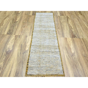 2'7"x8'2" Powder White With Nugget Gold, Hand Knotted, Oxidized And Distressed Grass Design With Exposed Warps, 100% Wool, Runner, Oriental Rug FWR457494