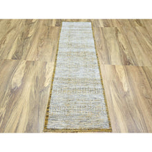 Load image into Gallery viewer, 2&#39;7&quot;x8&#39;2&quot; Powder White With Nugget Gold, Hand Knotted, Oxidized And Distressed Grass Design With Exposed Warps, 100% Wool, Runner, Oriental Rug FWR457494