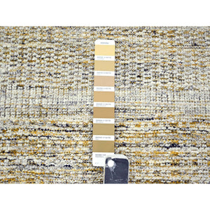 2'7"x8'2" Powder White With Nugget Gold, Hand Knotted, Oxidized And Distressed Grass Design With Exposed Warps, 100% Wool, Runner, Oriental Rug FWR457494