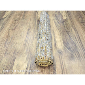 2'7"x8'2" Powder White With Nugget Gold, Hand Knotted, Oxidized And Distressed Grass Design With Exposed Warps, 100% Wool, Runner, Oriental Rug FWR457494