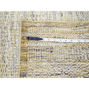 2'7"x8'2" Powder White With Nugget Gold, Hand Knotted, Oxidized And Distressed Grass Design With Exposed Warps, 100% Wool, Runner, Oriental Rug FWR457494