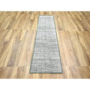2'7"x8' Daisy White with Seaweed Green, Hand Knotted, Oxidized and Distressed Grass Design with Exposed Warps, 100% Wool, Runner, Oriental Rug FWR457506