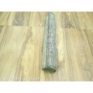 2'7"x8' Daisy White With Seaweed Green, Hand Knotted, Oxidized And Distressed Grass Design With Exposed Warps, 100% Wool, Runner, Oriental Rug FWR457506