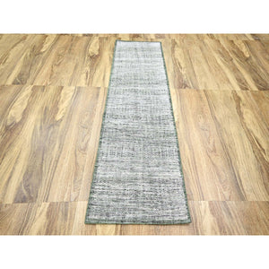 2'6"x8' Vista White with Pine Green, 100% Wool, Hand Knotted, Oxidized and Distressed Grass Design with Exposed Warps, Runner, Oriental Rug FWR457512