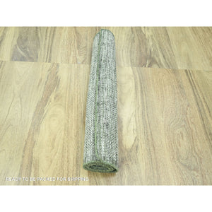 2'6"x8' Vista White with Pine Green, 100% Wool, Hand Knotted, Oxidized and Distressed Grass Design with Exposed Warps, Runner, Oriental Rug FWR457512