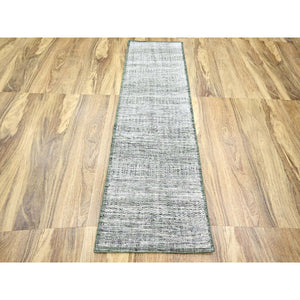 2'3"x8' Cotton White With Forest Green, Hand Knotted, Oxidized And Distressed Grass Design With Exposed Warps, 100% Wool, Narrow Runner, Oriental Rug FWR457518