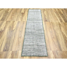 Load image into Gallery viewer, 2&#39;3&quot;x8&#39; Cotton White with Forest Green, Hand Knotted, Oxidized and Distressed Grass Design with Exposed Warps, 100% Wool, Narrow Runner, Oriental Rug FWR457518