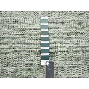 2'3"x8' Cotton White with Forest Green, Hand Knotted, Oxidized and Distressed Grass Design with Exposed Warps, 100% Wool, Narrow Runner, Oriental Rug FWR457518