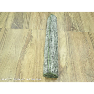 2'3"x8' Cotton White with Forest Green, Hand Knotted, Oxidized and Distressed Grass Design with Exposed Warps, 100% Wool, Narrow Runner, Oriental Rug FWR457518