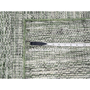 2'3"x8' Cotton White with Forest Green, Hand Knotted, Oxidized and Distressed Grass Design with Exposed Warps, 100% Wool, Narrow Runner, Oriental Rug FWR457518