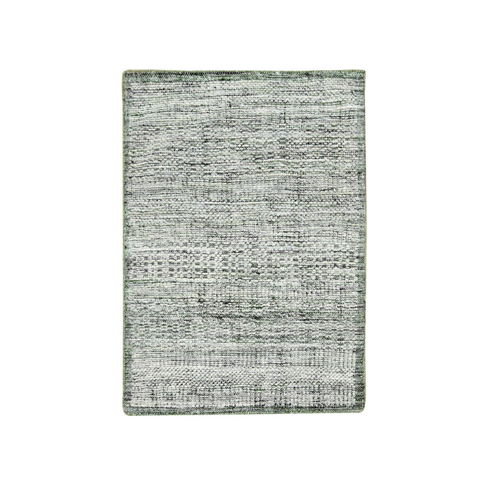 2'x3' Daisy White with Moss Green, Oxidized and Distressed Grass Design with Exposed Warps, 100% Wool, Hand Knotted, Sample, Mat, Oriental Rug FWR457542
