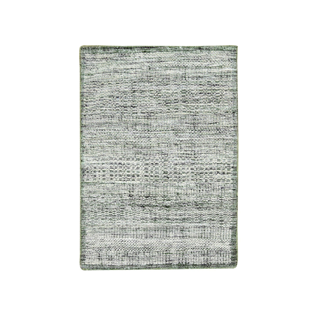 2'x3' Daisy White with Moss Green, Oxidized and Distressed Grass Design with Exposed Warps, 100% Wool, Hand Knotted, Sample, Mat, Oriental Rug FWR457542