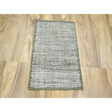 Load image into Gallery viewer, 2&#39;x3&#39; Daisy White with Moss Green, Oxidized and Distressed Grass Design with Exposed Warps, 100% Wool, Hand Knotted, Sample, Mat, Oriental Rug FWR457542
