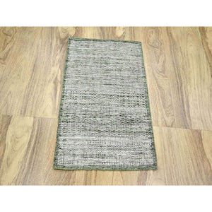 2'x3' Daisy White with Moss Green, Oxidized and Distressed Grass Design with Exposed Warps, 100% Wool, Hand Knotted, Sample, Mat, Oriental Rug FWR457542