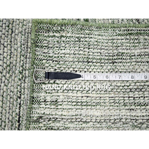 2'x3' Daisy White with Moss Green, Oxidized and Distressed Grass Design with Exposed Warps, 100% Wool, Hand Knotted, Sample, Mat, Oriental Rug FWR457542