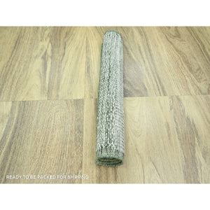 2'x3' Daisy White with Moss Green, Oxidized and Distressed Grass Design with Exposed Warps, 100% Wool, Hand Knotted, Sample, Mat, Oriental Rug FWR457542