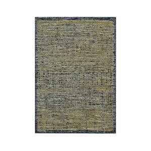 2'x3' Charcoal Black with Honey Brown, Oxidized and Distressed Grass Design with Exposed Warps, 100% Wool, Hand Knotted, Mat, Sample, Oriental Rug FWR457554