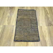 Load image into Gallery viewer, 2&#39;x3&#39; Charcoal Black with Honey Brown, Oxidized and Distressed Grass Design with Exposed Warps, 100% Wool, Hand Knotted, Mat, Sample, Oriental Rug FWR457554