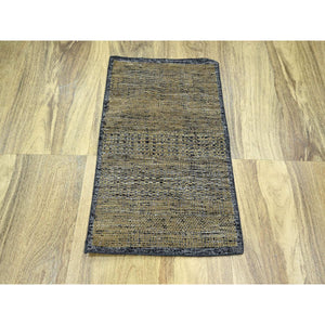 2'x3' Charcoal Black with Honey Brown, Oxidized and Distressed Grass Design with Exposed Warps, 100% Wool, Hand Knotted, Mat, Sample, Oriental Rug FWR457554