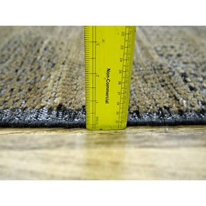 2'x3' Charcoal Black with Honey Brown, Oxidized and Distressed Grass Design with Exposed Warps, 100% Wool, Hand Knotted, Mat, Sample, Oriental Rug FWR457554