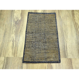 2'x3' Charcoal Black with Honey Brown, Oxidized and Distressed Grass Design with Exposed Warps, 100% Wool, Hand Knotted, Sample, Mat, Oriental Rug FWR457566