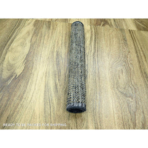 2'x3' Charcoal Black with Tawny Brown, Oxidized and Distressed Grass Design with Exposed Warps, 100% Wool, Hand Knotted, Mat, Sample, Oriental Rug FWR457572