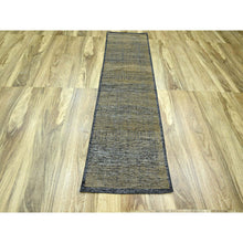 Load image into Gallery viewer, 2&#39;6&quot;x8&#39; Charcoal Black with Bone Brown, Oxidized and Distressed Grass Design with Exposed Warps, 100% Wool, Hand Knotted, Runner, Oriental Rug FWR457584