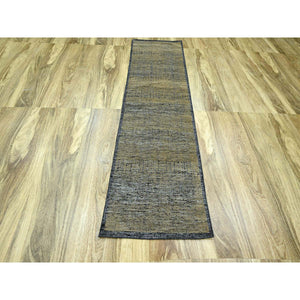 2'6"x8' Charcoal Black with Bone Brown, Oxidized and Distressed Grass Design with Exposed Warps, 100% Wool, Hand Knotted, Runner, Oriental Rug FWR457584