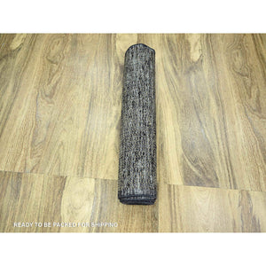 2'6"x8' Charcoal Black with Bone Brown, Oxidized and Distressed Grass Design with Exposed Warps, 100% Wool, Hand Knotted, Runner, Oriental Rug FWR457584