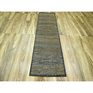 2'6"x8' Latte Brown with Charcoal Black, Oxidized and Distressed Grass Design with Exposed Warps, Pure Wool, Hand Knotted, Runner, Oriental Rug FWR457596