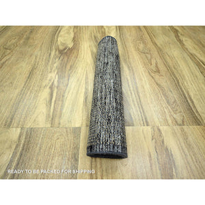 2'6"x8' Latte Brown with Charcoal Black, Oxidized and Distressed Grass Design with Exposed Warps, Pure Wool, Hand Knotted, Runner, Oriental Rug FWR457596