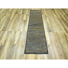 Load image into Gallery viewer, 2&#39;6&quot;x8&#39; Charcoal Black with Honey Brown, Oxidized and Distressed Grass Design with Exposed Warps, 100% Wool, Hand Knotted, Runner, Oriental Rug FWR457602