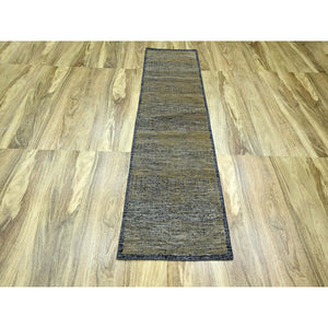 2'6"x8' Charcoal Black with Honey Brown, Oxidized and Distressed Grass Design with Exposed Warps, 100% Wool, Hand Knotted, Runner, Oriental Rug FWR457602