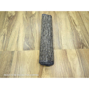 2'6"x8' Charcoal Black with Honey Brown, Oxidized and Distressed Grass Design with Exposed Warps, 100% Wool, Hand Knotted, Runner, Oriental Rug FWR457602