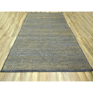 9'1"x12' Charcoal Black with Latte Brown, Oxidized and Distressed Grass Design with Exposed Warps, 100% Wool, Hand Knotted, Oriental Rug FWR457620