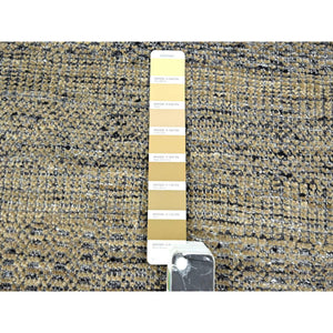 9'1"x12'3" Charcoal Black With Honey Brown, Oxidized And Distressed Grass Design With Exposed Warps, 100% Wool, Hand Knotted, Oriental Rug FWR457626