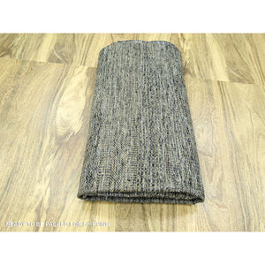 9'1"x12'3" Charcoal Black With Honey Brown, Oxidized And Distressed Grass Design With Exposed Warps, 100% Wool, Hand Knotted, Oriental Rug FWR457626