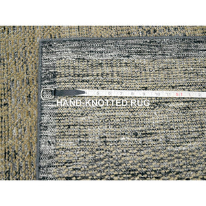 9'1"x12'3" Charcoal Black With Honey Brown, Oxidized And Distressed Grass Design With Exposed Warps, 100% Wool, Hand Knotted, Oriental Rug FWR457626