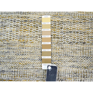 2'8"x6' Daisy White With Golden Yellow, Oxidized And Distressed Grass Design With Exposed Warps, Hand Knotted, 100% Wool, Runner, Oriental Rug FWR457632