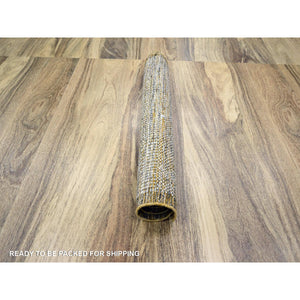 2'8"x6' Daisy White With Golden Yellow, Oxidized And Distressed Grass Design With Exposed Warps, Hand Knotted, 100% Wool, Runner, Oriental Rug FWR457632