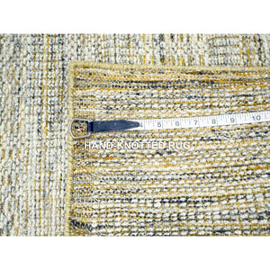 2'8"x6' Daisy White With Golden Yellow, Oxidized And Distressed Grass Design With Exposed Warps, Hand Knotted, 100% Wool, Runner, Oriental Rug FWR457632
