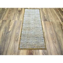 Load image into Gallery viewer, 2&#39;8&quot;x6&#39; Vista White with Nugget Gold, 100% Wool, Oxidized and Distressed Grass Design with Exposed Warps, Hand Knotted, Runner, Oriental Rug FWR457644