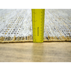 2'8"x6' Vista White with Nugget Gold, 100% Wool, Oxidized and Distressed Grass Design with Exposed Warps, Hand Knotted, Runner, Oriental Rug FWR457644