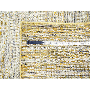 2'8"x6' Vista White with Nugget Gold, 100% Wool, Oxidized and Distressed Grass Design with Exposed Warps, Hand Knotted, Runner, Oriental Rug FWR457644