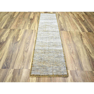 2'8"x8'2" Daisy White with Golden Yellow, Hand Knotted, Oxidized and Distressed Grass Design with Exposed Warps, 100% Wool, Runner, Oriental Rug FWR457650