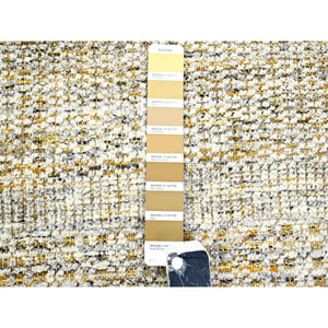 2'8"x8'2" Daisy White with Golden Yellow, Hand Knotted, Oxidized and Distressed Grass Design with Exposed Warps, 100% Wool, Runner, Oriental Rug FWR457650