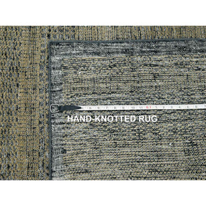 10'x14' Bone Brown with Charcoal Black, Oxidized and Distressed Grass Design with Exposed Warps, Hand Knotted, Pure Wool, Oriental Rug FWR457692