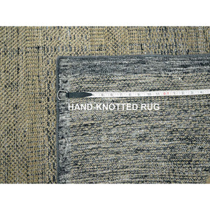10'x14' Honey Brown with Charcoal Black, Oxidized and Distressed Grass Design with Exposed Warps, 100% Wool, Hand Knotted, Oriental Rug FWR457698